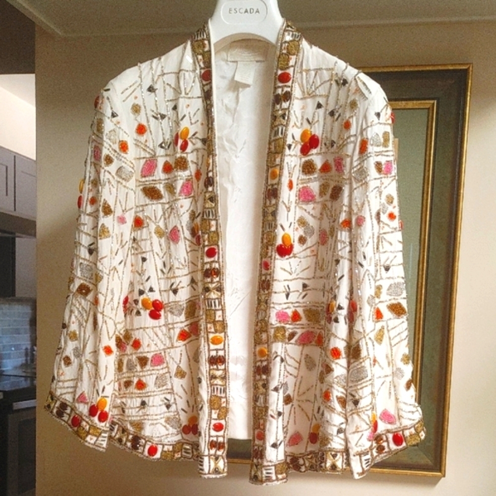 VTG Silk Ivory Beaded Topper Size Small